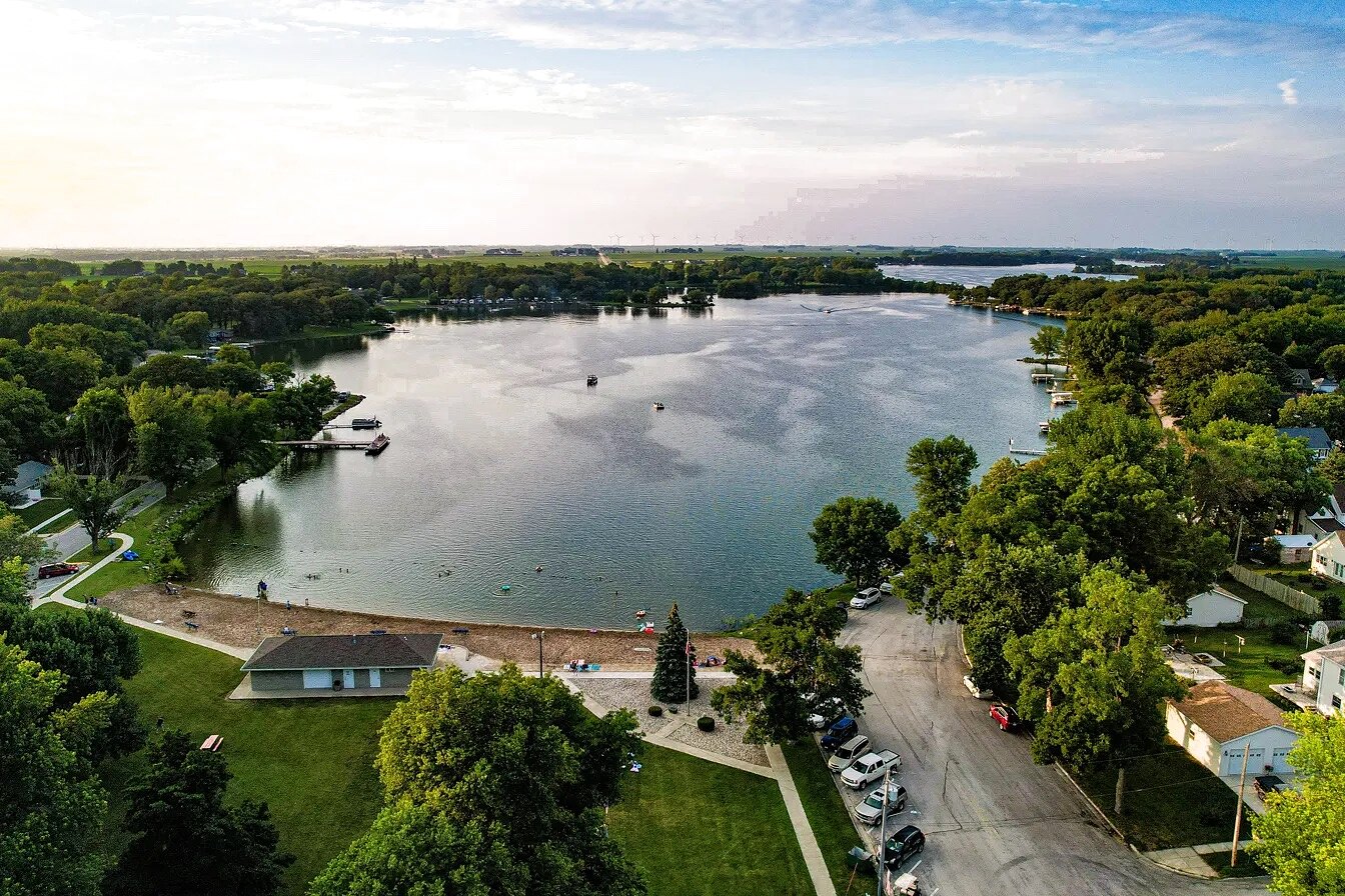 Aerial view of Five Island Lake in Emmetsburg, Iowa at golden hour